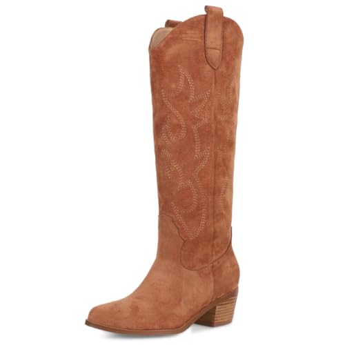 Erocalli Suede Knee High Boot Cowgirl Cowboy Boots For Women Embroidered Pull-On Chunky Stacked Heel Western Boots at Amazon