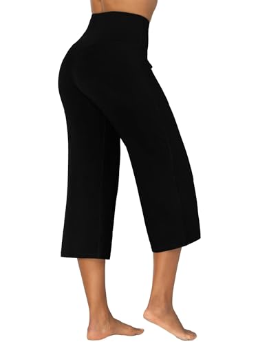 SUNZEL WIDE LEG CAPRI PANTS FOR WOMEN WITH POCKETS, HIGH WAISTED TUMMY CONTROL YOGA PANTS, FLARE LOUNGE CASUAL CROPPED PANTS 25″ BLACK X-LARGE