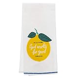 Christian Art Gifts Embroidered Kitchen Tea Towel | in All Things God Works for Good – Romans 8:28 Bible Verse w/Yellow Lemon | Flour Sack White Cotton Dish Cloth