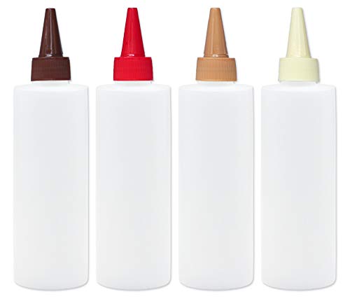 Plastic Squeeze Bottles with Leak-Proof Colored Caps, Set of 4, Ideal Dispenser for Mustard, Ketchup, Sauces and condiments (8 oz)