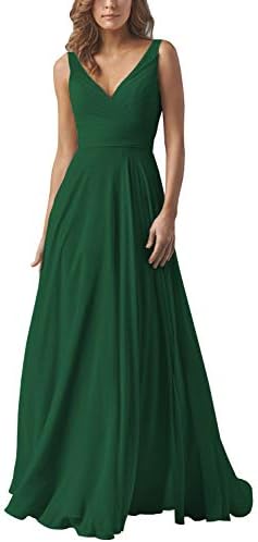 Double V-Neck Ruched Bodice A-line Bridesmaid Dress Floor Length Formal Evening Prom Gowns