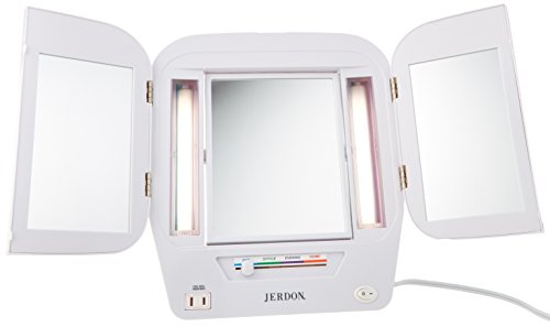 Jerdon JGL10W Euro Tri-Fold Lighted Mirror with 5x Magnification, 4-Light Settings, White Finish