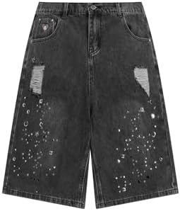 パンツ Used Damage Black Baggy Denim Jorts Hesaco Jorts for Men - Y2k Jorts Baggy Jorts Distressed Jeans