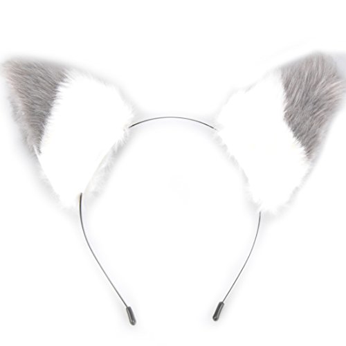 E-TING Cat Fox Ears Headband Neko Anime Halloween Cosplay Gray with White