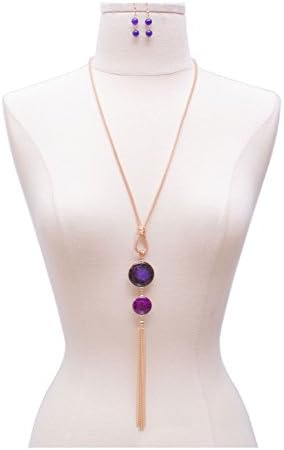 {JN0177 J JEWELRY} WOMEN'S FASHIONABLE GEM STONE WITH TASSEL NECKLACE AND EARRINGS SET (GOLD PURPLE)