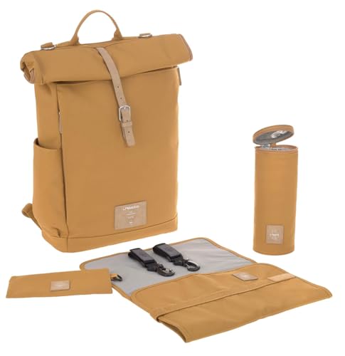 LAESSIG Baby changing backpack with changing mat, pram attachment, bottle warmer water-repellent sustainably produced/Rolltop Backpack curry