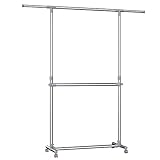 SONGMICS Double Rod Clothes Rack for Hanging Clothes Garment Clothing Rack with Wheels Height Adjuatable ULLR401