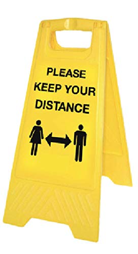 Please keep your distance (yellow free-standing floor sign)