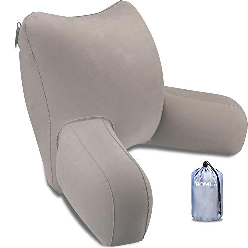 HOMCA Reading Pillow, Inflatable Backrest Pillow with Arms Great as Travel Camping Pillow for Lumbar Back Support, Gray