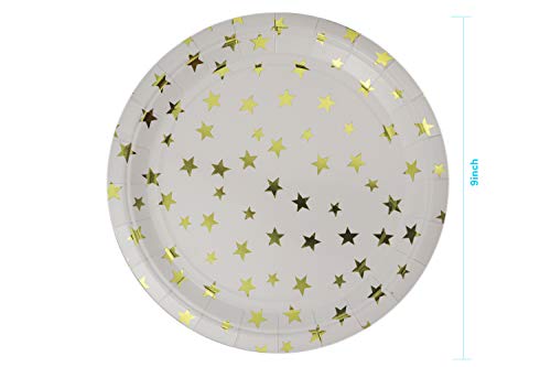 Ottin White and Gold Star Paper Plates 48Counts 9'' Disposable Dinner Party Plates for Wedding Decorations Birthday Bridal Shower Weekend Party Engagement Celebration (White with Gold Foil Stars, 9'')