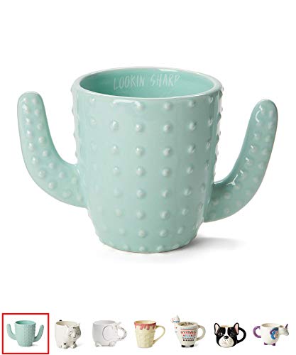 Ceramic Coffee or Tea Mugs: Tri-Coastal Design Cactus Coffee Mug with Hand Printed Designs and Printed Saying - 18.6 Fluid Ounce Large, Cute Handmade Cup