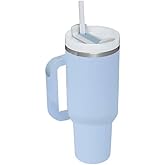Insulated Stainless Steel Tumbler with Handle and Straw, 40 oz, Multiple Colors, Vacuum Sealed Travel Mug with Straw Lid, Hot and Cold Drink Cup, 304 Steel, 3 Position Lid (Light Blue)