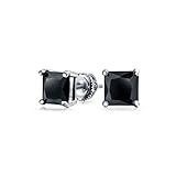 Black CZ Square Princess Cut Cubic Zirconia Stud Earrings 925 Sterling Silver For Men For Women Screwback More Sizes
