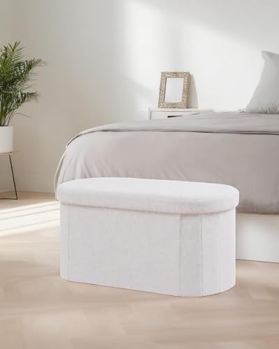 28" Oval Foldable Ottoman with Storage, Teddy Boucle Fabric Footrest, Storage Bench for Living Room, Bedroom, Entryway, Dorm, White