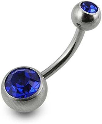 14Gx3/8(1.6x10MM) Banana with 5/8MM Ball Blue Sapphire Gems Stone 316L Surgical Steel Double Jeweled Navel Rings