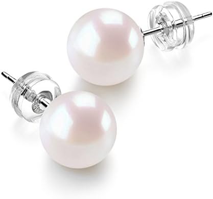 14K White Gold 9mm Freshwater Cultured Pearl Stud Earrings AAAA Quality