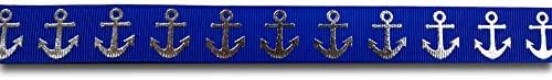 1 Yard (0.91 metre) Blue with Silver Foil Anchor Grosgrain Ribbon 22mm / 7/8" Wide, Ideal for Craft Projects, Scrapbooking, DIY Hair Bows, Present Wrapping etc.