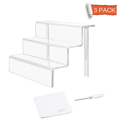 NIUBEE Acrylic Riser Display Shelf for Amiibo Funko POP Figures, Cupcakes Stand for Table,Cabinet, Countertops - 3-Tier, Clear (12Ã—8.75", 3 Pack)
