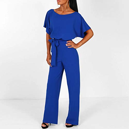 Sunyastor Womens Short Sleeve One Piece Jumpsuit Cocktail Romper Pant Suit Clubwear Straight Leg Jumpsuit with Belt Blue