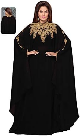 ANIIQ Georgette Hand Stitched Embroidered Farasha Kaftan Long Evening Dress with Free Hijab
