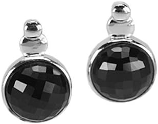 Natural Round Checker Black Spinel Sterling Silver Stud Earrings (e197)