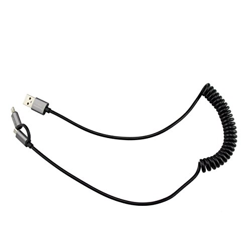 4.6ft USB Car Charger, Lightning and Micro 2 in 1 Spring Coiled USB Data Sync Charging Cable for iPhone and Android, Iphone7/6/5, Ipad, ipod, Samsung, Hawei, Sony, Nokia and More(Black)