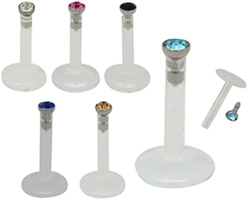BodyTrend Bioplast Labret with internal threading by 16G (1.2MM) x 3/8 inches (10MM) with internal threaded CZ crystal - total 6 pieces, one each colour