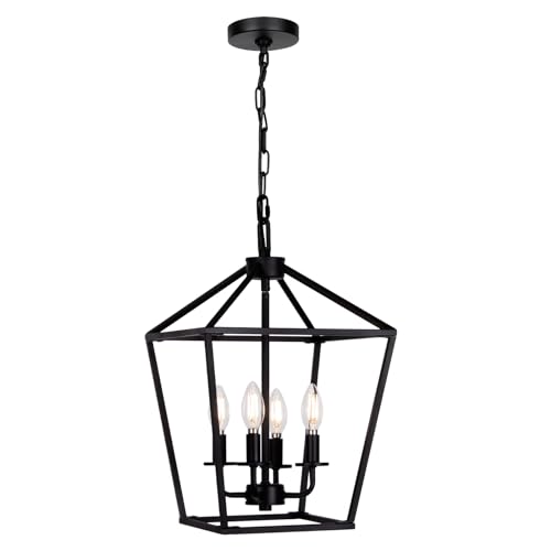 4 Light Chandelier, Industrial Ceiling Light Black Lantern Light Fixtures with Farmhouse Metal Cage Adjustable Height Rustic Geometric Hanging Light E12 Base for Kitchen Island, Entryway, Indoor