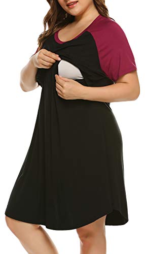 IN'VOLAND Women's Plus Size Maternity Nightgown Short Sleeve Sleepwear Maternity Nursing Nightgown (16W-24W) Black