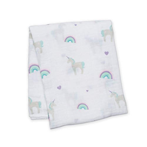 lulujo Baby Cotton Muslin Swaddling Blanket, Rainbows and Unicorns