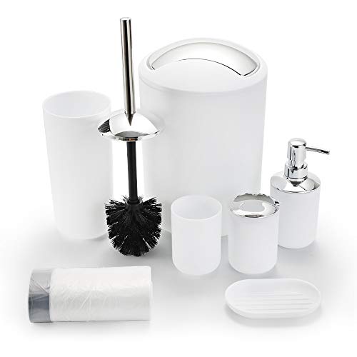Badezimmer-Set, Kunststoff, 6-teiliges Badezimmer-Zubehör-Set, Badezimmer-Mülleimer-Set mit Kordelzug, Zahnbürstenhalter-Set, Seifenspender, Zahnbeche