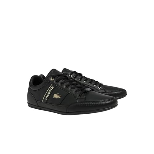 Lacoste Mens Chaymon Sneakers, Black/Black/Gold Leather, 12