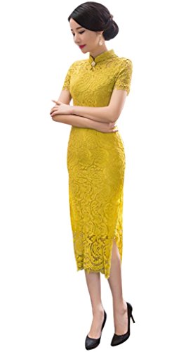 Wincolor Women's Cocktail Evening Maxi Long Qipao Dress Chinese Traditional Lace Cheongsam