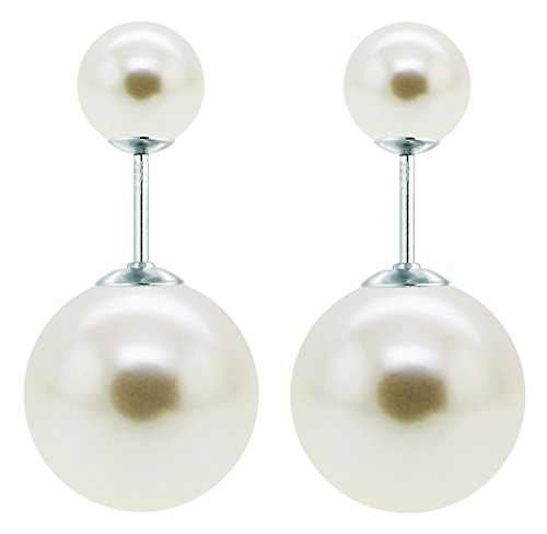 Sterling Silver 8mm and 16mm Front-back White Round Simulated Shell Pearl Stud Earrings