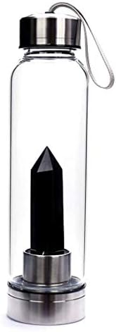 Crytal Bottle Colorful Gem Stone Water Bottle Promote Healing Water Bottle with Point Quatz Wand (Obsidian Crystal)