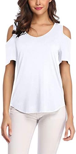 Women's Casual T Shirts V Neck Cold Shoulder Tops Summer Short Sleeve Top