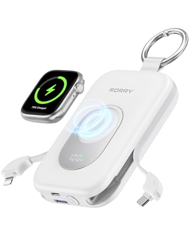 RORRY Powerbank,Power Bank 20000mAh 30W PD Schnellladen,Portable Charger mit 2 Integrierten Kabeln, Externer Handyakku mit Schlüsselanhänger, Reise-Es