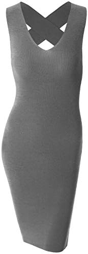 shushuKISS Womens Fashion Sleeveless Below Knee Back Cross Slim Fit Ribbed Club Dress Gray Large