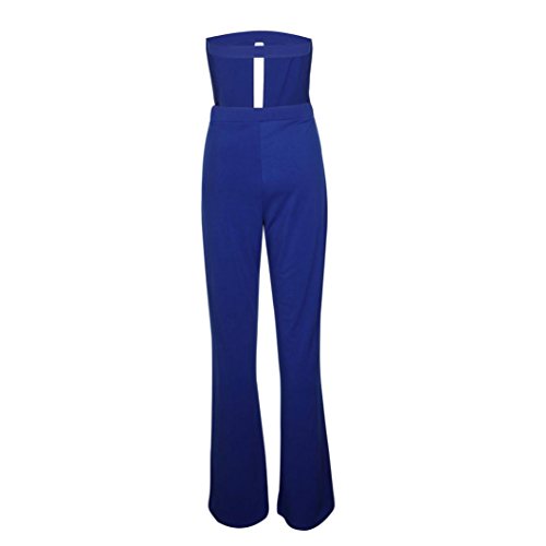 Minisoya Women Cut Out Off Shoulder Strapless Romper Playsuit Casual Solid Backless Wide Leg Jumpsuit Pants Clubwear (Blue, M)