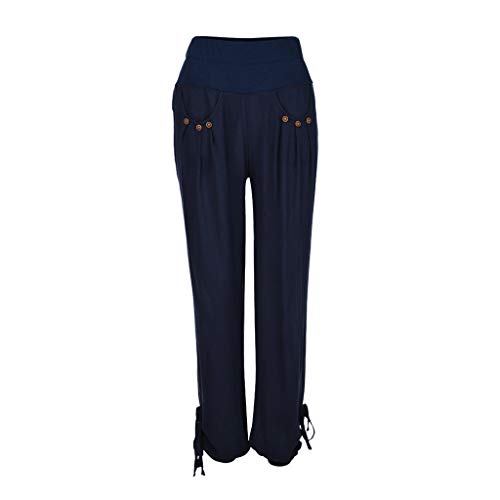 TIFENNY Fashion Harlan Trousers for Women Solid Buttons Cotton and Linen Casual Loose Trouser Wide Leg Pants Close The Foot Blue