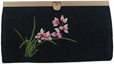 RABILTY Double Ramie Ladies Bag Fabric Embroidered Money Bag Long Wallet (Color : Black)