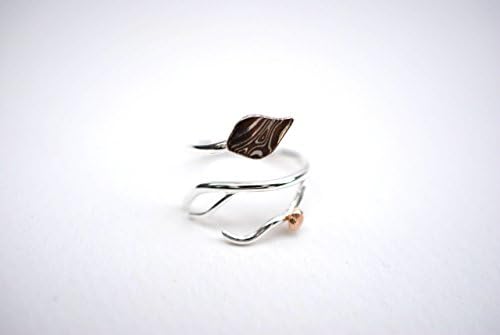 Mokume Leaf Asymmetrical Roots Ring with Raw Gold Accent (Antler Root Branch Nature Inspired Adjustable Twist Ring with Silver and Copper Mokume Gane Leaf and 14k Yellow Raw Gold Accent)