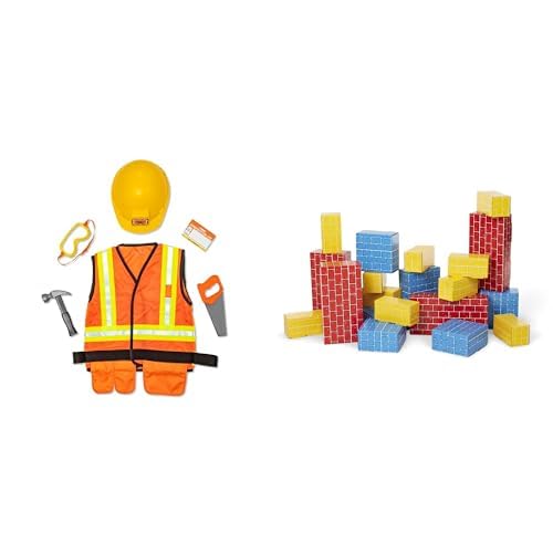 Melissa & Doug Construction Worker Costume Set (6-Piece) with Deluxe Jumbo Cardboard Blocks (24-Piece) - Kids Dress Up & Building Play Bundle