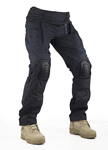 Survival Tactical Gear Pants with Knee Pads Hunting Paintball Airsoft BDU Military Camo Combat Trousers for Men (Black, M)