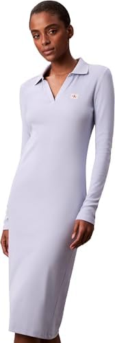 Vestido Polo Midi de Marca Tecido Feminino em Malha Canelada, Azul (Azul Casual), M