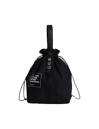 保冷 保温 綿100％のキャンバス生地 ランチバッグ-内側断熱アルミウール綿 大容量/便利/シンプル/ファッション/無地で でシンプルな 巾着バッグ-耐久性 防水 アウトドアキャンプピクニックバッグなどに 男女兼用 お弁当袋 (ブラック)