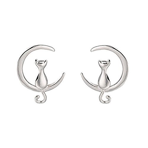 Nuwastone Cat on Moon Stud Earrings Sterling Silver Crescent Moon Cat Earrings Cat Lovers Gift (Silver)
