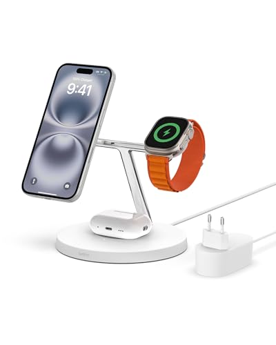Belkin MagSafe 3 in 1 Wireless Charger, MagSafe Charging Station 15W Fast Charging for iPhone and AppleWatch, Charging AirPods Charging Station for iPhone 16, 15, 14, 13, Apple Watch, AirPods