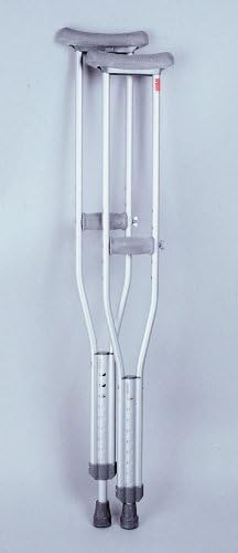 Crutches - Tall Adult Under Arm Crutch # Lightweight anodized aluminum frame # High impact plastic armrests and hand-grips # Fully assembled with cushions, hand-grips, and rubber tips # Pushbutton adjustment in 1" increments # Height adjustment scale on center tube # Weight capacity: 250 lbs.