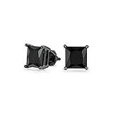 Black Square CZ Solitaire Princess Cut Stud Earrings Screwback